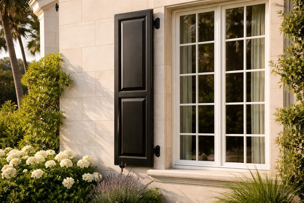 Teak Raised Panel Shutters